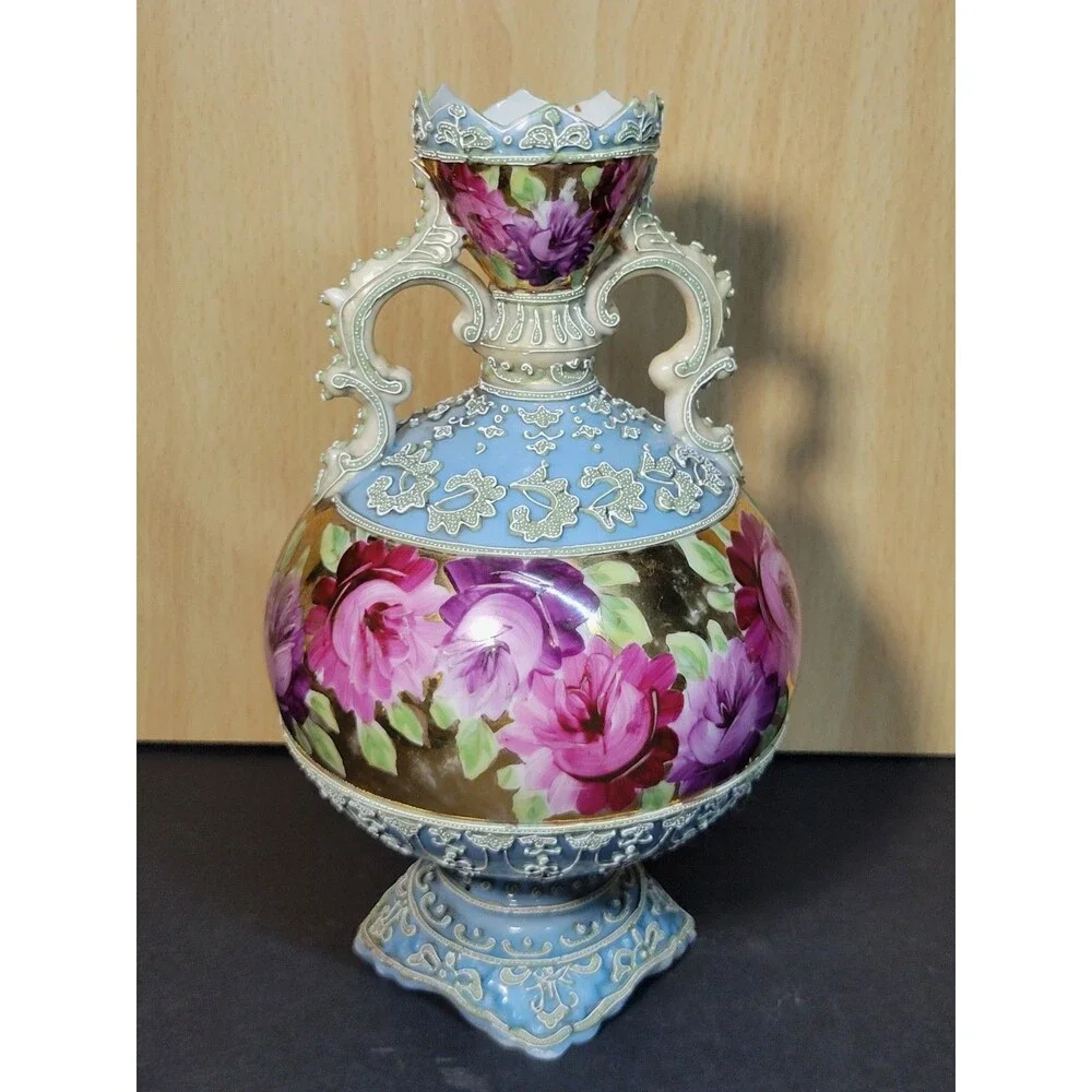 Antique Nippon Moriage Early Hand Painted Twisted Handle Floral Vase
